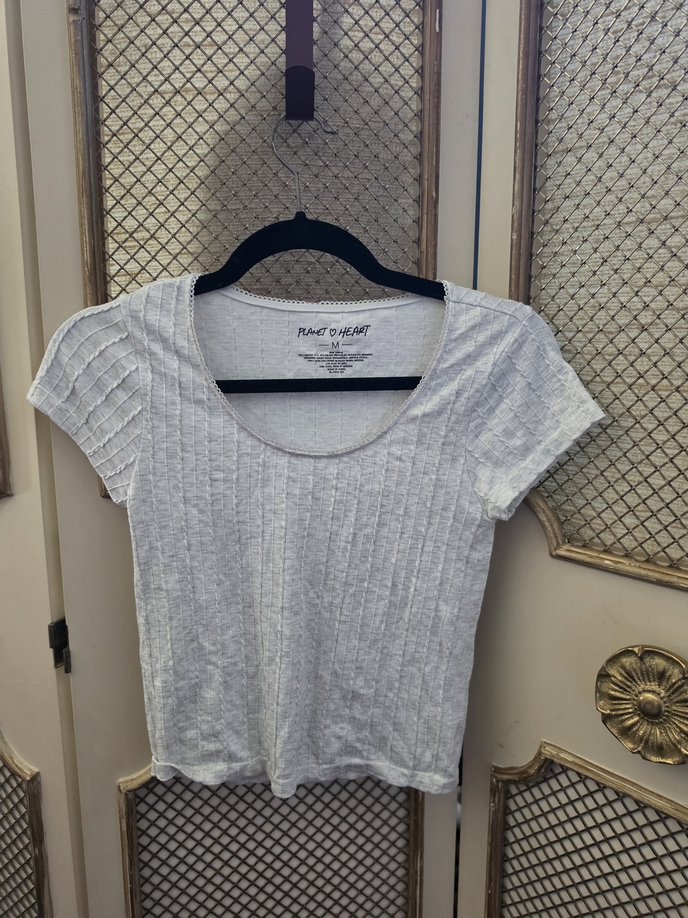 Planet Heart White Ribbed Scoop Neck Tee